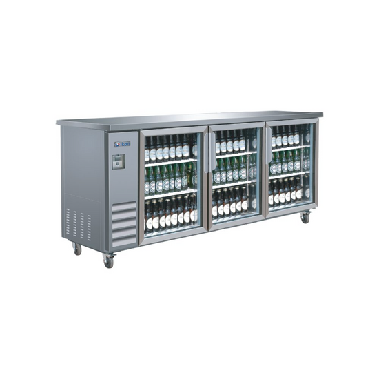 IKON IBB73-3G-24SS 73" Stainless Steel Back Bar Refrigerator Glass Swing Three Doors